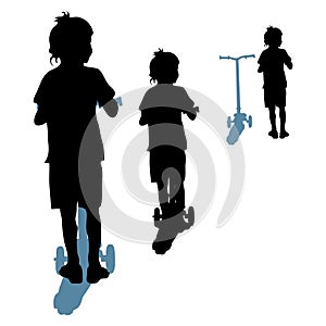 Vector silhouette of a little boy, a child stands on a scooter, child`s leisure