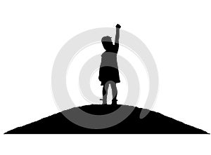 Vector silhouette, little happy baby girl standing on a hill with a raised hand up