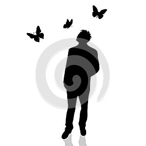 Vector silhouette of man butterfly on white background.