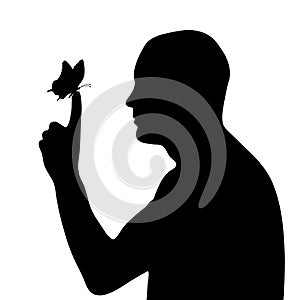 Vector silhouette of man butterfly on white background.