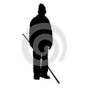 Vector silhouette of a man with a staff on a white background.
