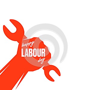 Vector silhouette of red clenched fist holding wrench isolated on white background. Labour day and international workers