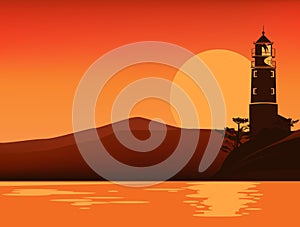 vector silhouette scene of lighthouse tower at sunset sea shore