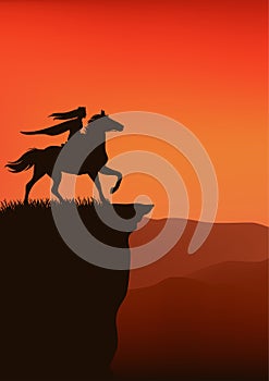 Vector silhouette scene of princess riding horse at sunset