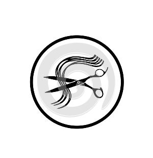 Hairdressing scissors and a lock of curly hair silhouette icon.