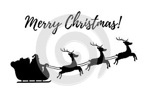 Vector silhouette of sleigh with Santa Claus and reindeers