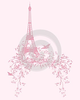 Vector silhouette of spring season eiffel tower with cherry blossom and flying birds