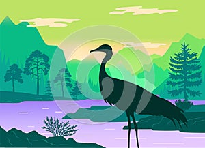 Vector silhouette of standing heron. Beautiful landscape river, forest on the shore and mountains