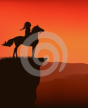 Vector silhouette sunset scene with native american chief and horse at cliff top