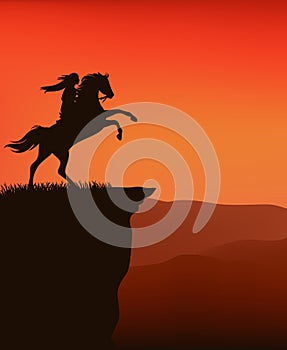 Vector silhouette sunset scene with native american indian woman and rearing up horse at cliff top