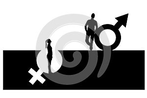 Vector silhouette of a superior man over a woman who stands in a pit out of a gender symbol