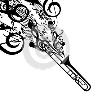 Vector Silhouette of Trombone with Musical Symbols