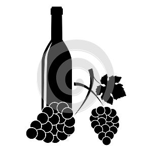 Vector silhouette of a wine bottle and bunch of grapes on a white background.