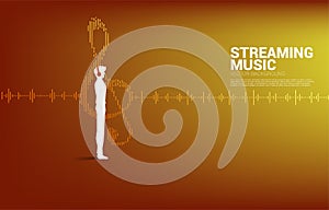 Vector silhouette of wman standing with headphone and music note equalizer wave.