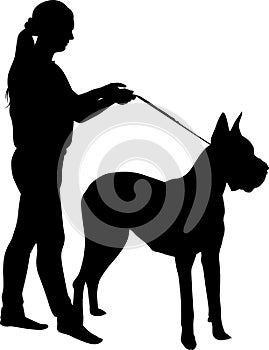 Vector silhouette woman with dog great dane isolated on white background. girl and dog.Dog breed Great Dane