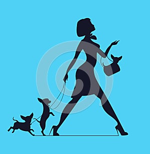 Vector silhouette of woman with dog. Young woman walking dogs.