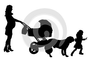 Vector silhouette of a woman with a pram.