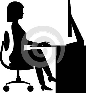 Vector silhouette of a woman sitting working at the computer