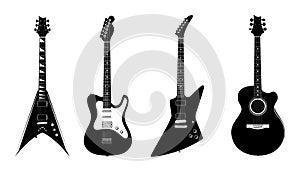 Vector silhouettes of Acoustic guitar and Electric guitars black color isolated on white. photo
