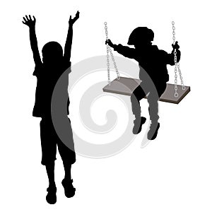 Vector silhouettes of a boy of five years. The child is swinging on a swing, the boy is standing with 2 hands raised up, palm