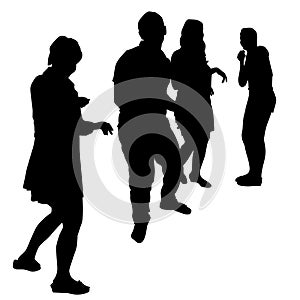 Vector silhouettes of dancing adults three women and a man, a group of people standing full-length sideways isolated on white
