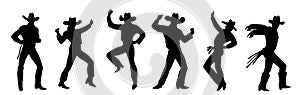 Vector silhouettes of dancing cowboys. Cheerful guys dance in a line