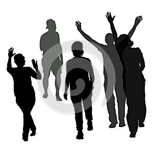 Vector silhouettes of a group people. Young men and women in sportswear in a good mood have fun walking forward waving up