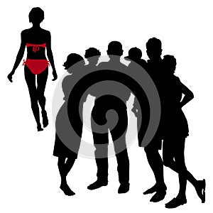 Vector silhouettes of group of young people with children in their arms. Women, men, two pairs of parents The silhouette of a girl