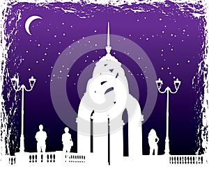 Vector silhouettes man and women on background night city