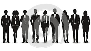 Vector silhouettes of men and a woman, a group of standing and walking business people, black color isolated on white background