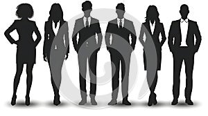 Vector silhouettes of men and a woman, a group of standing and walking business people, black color isolated on white background