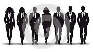 Vector silhouettes of men and a woman, a group of standing and walking business people, black color isolated on white background