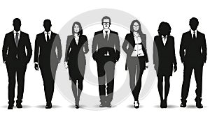 Vector silhouettes of men and a woman, a group of standing and walking business people, black color isolated on white background