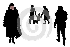 Vector silhouettes of people in clothes are walking in the winter, a girl is leaving, a woman is walking forward in a fur coat and