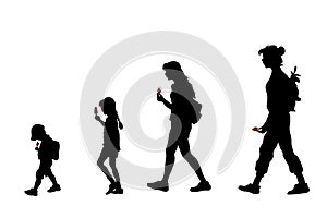 Vector silhouettes of people of different ages. Children go and eat chocolate popsicle ice cream. Little boy in a baseball cap.