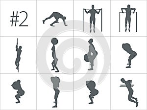 Vector silhouettes of people doing fitness and crossfit workouts