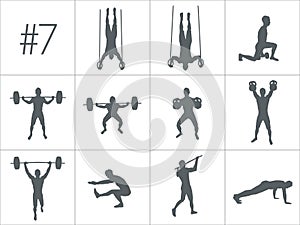 Vector silhouettes of people doing fitness and crossfit workouts