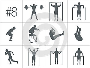 Vector silhouettes of people doing fitness and crossfit workouts