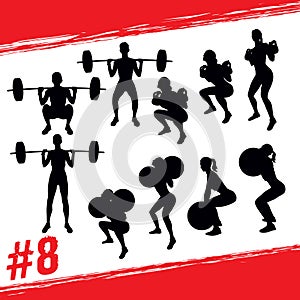 Vector silhouettes of people doing fitness and crossfit workouts