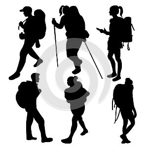 Vector silhouettes of people hiking with backpacks on a white background. Set.1