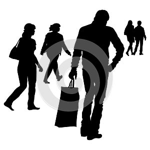 Vector silhouettes. Silhouette of a man standing full-length view from the back dressed in a jacket and jeans, with a bag in his h