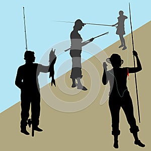 Vector silhouettes. Teenager girl with mom fishing. Woman in a hat and jeans with a fishing rod. The girl in the dress is fishing