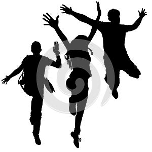 Vector silhouettes of three fun jumping young people, a group of girls and two guys. The concept of victory, glee, happiness