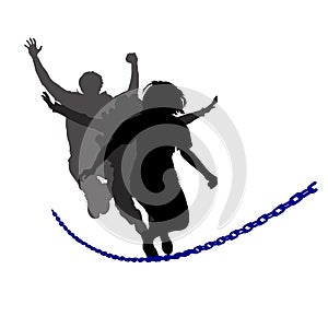 Vector silhouettes of three people, 2 girls and a guy jumping over an obstacle. Concept: overcoming obstacles, teamwork, together