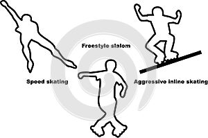Vector silhouettes of three sportsmen roller skaters of different types