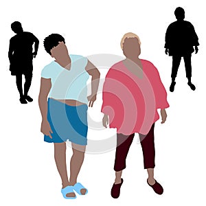 Vector silhouettes of two adult female tourists in the body during summer vacation in a relaxed pose isolated on a white