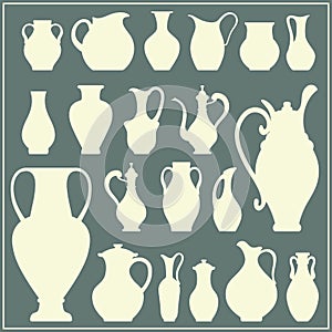 Vector silhouettes of vases. Isolated crockery set