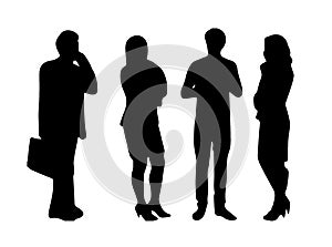 Vector silhouettes women, men standing and walking, business lady, different poses, profile, people, group, black color, isolated