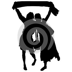 Vector silhouettes of young female tourist girls with a fan scarf raised above their heads. Scarf of a football fan. The girls in