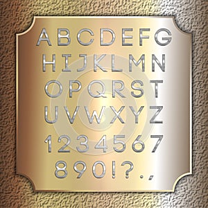 Vector silver coated alphabet letters, digits and punctuation on brass background plate